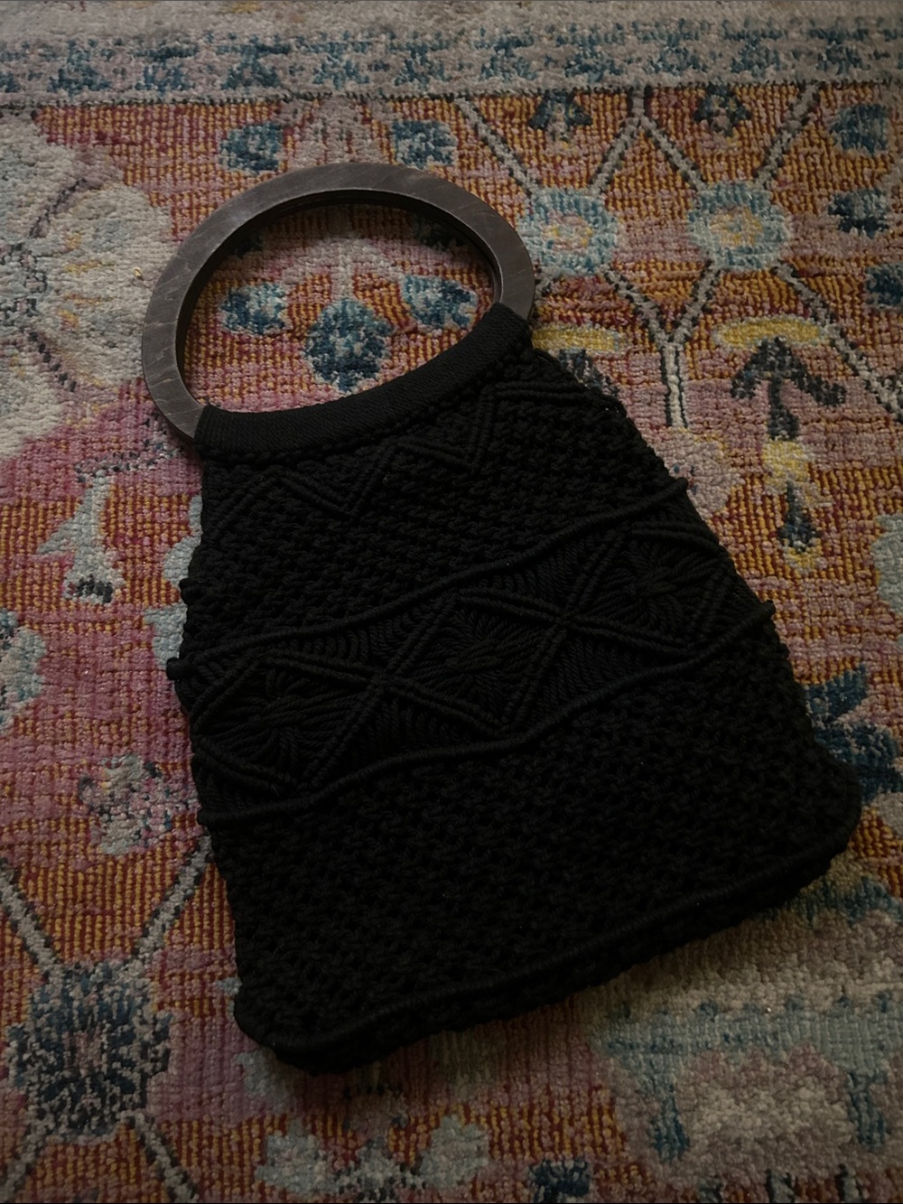 Black Crochet Handbag with Wooden Ring Handle